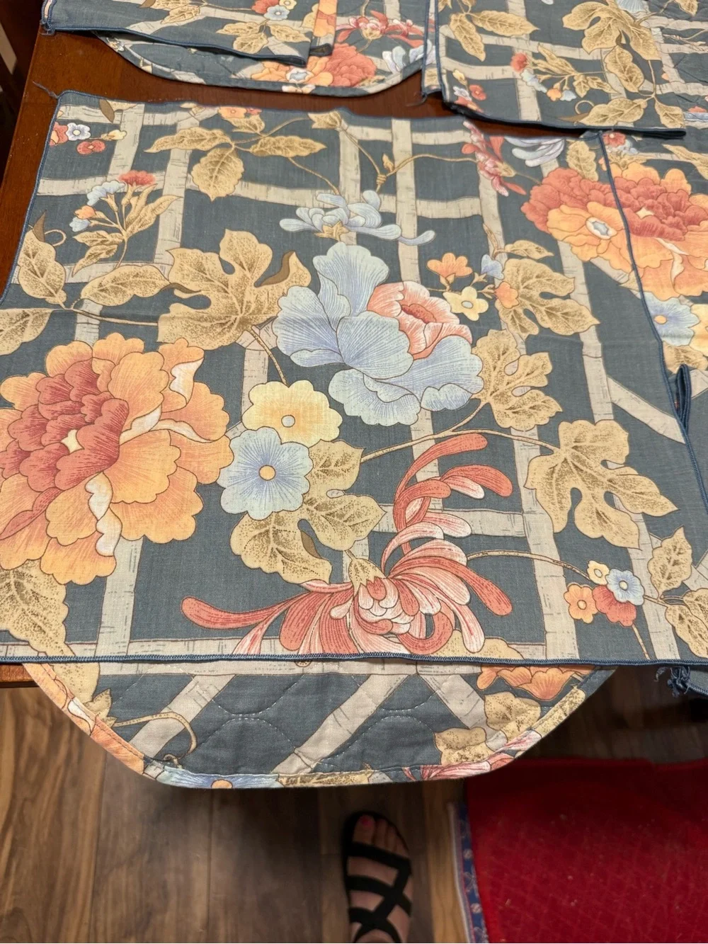 Floral Quilted Dining Placemats and Napkins - Blue and Gold